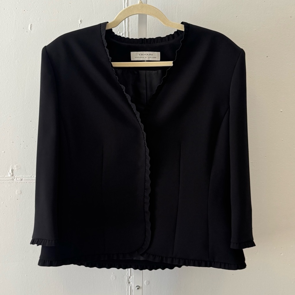 Vintage Tahari ASL Classic Career Ruffle Regular Fit Blazer Jacket Black Size 16